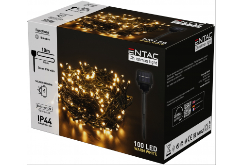 Entac Christmas IP44 100 LED String CW 10m with Solar Spike