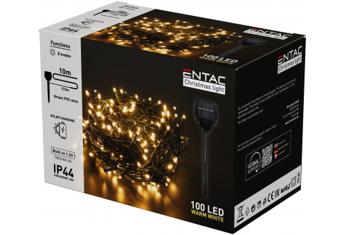 Karácsonyi IP44 100 LED Füzér WW 10m Leszúrható Napelemes Konzollal