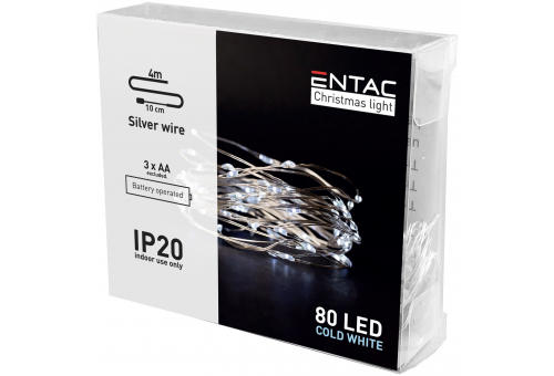 Weihnachts-Innenbeleuchtung, Silberdraht, 80 LED-Lichter, CW, 4,1 m (exkl. 3AA)