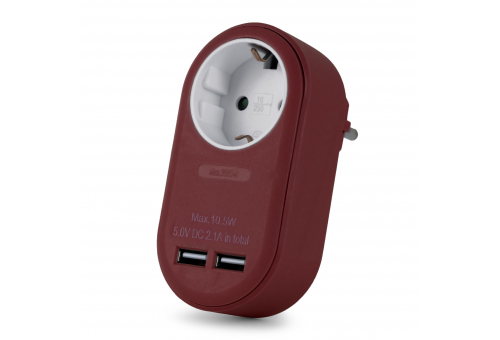 Power Adapter 1 Grounded Socket and 2 USB (total 2.1A) Burgundy