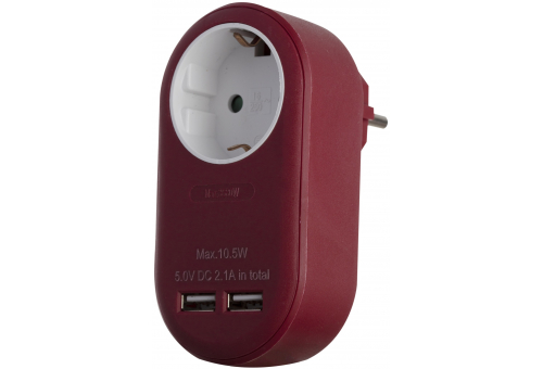 Power Adapter 1 Grounded Socket and 2 USB (total 2.1A) Burgundy