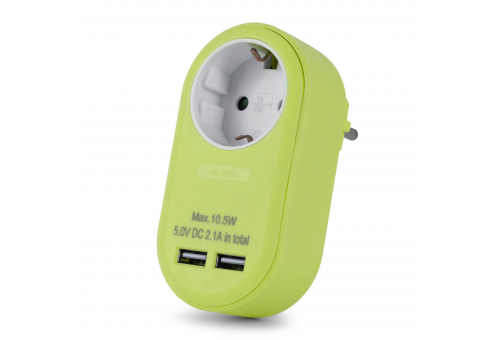 Power Adapter 1 Grounded Socket and 2 USB (total 2.1A) Lime