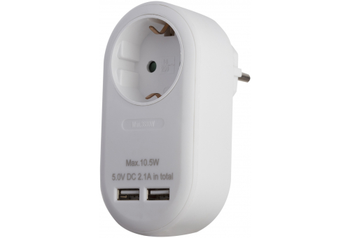 Power Adapter 1 Grounded Socket and 2 USB (total 2.1A) White
