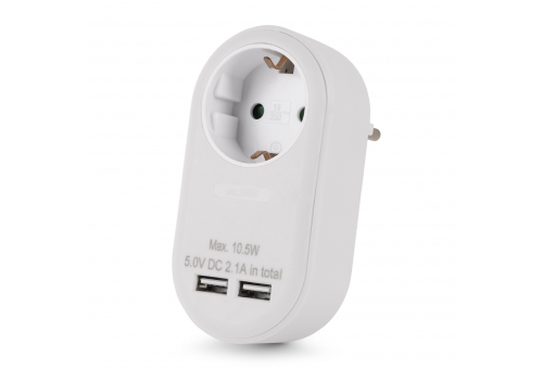 Power Adapter 1 Grounded Socket and 2 USB (total 2.1A) White